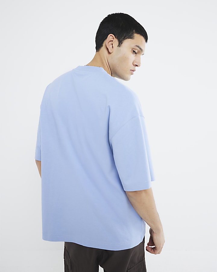 Blue Short Sleeves Crane Embroidered T-Shirt