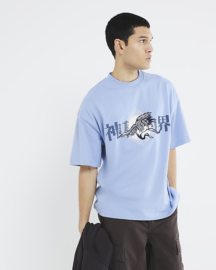 Blue Short Sleeves Crane Embroidered T-Shirt