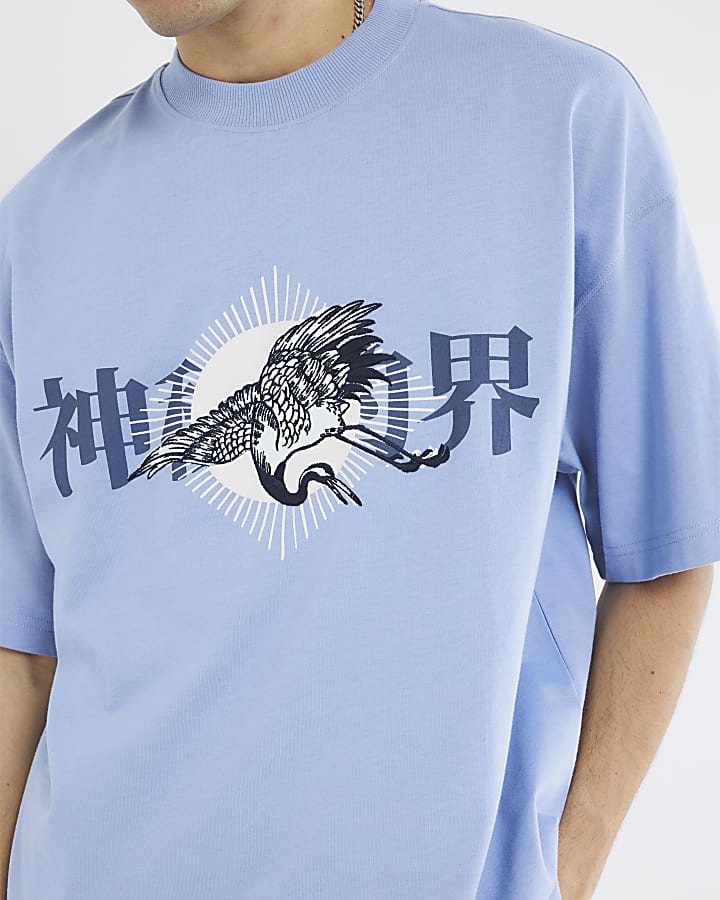 Blue Short Sleeves Crane Embroidered T-Shirt