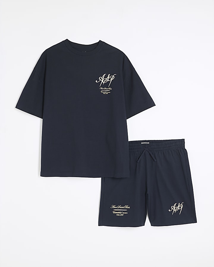 Navy Wordy T-Shirt And Shorts Set