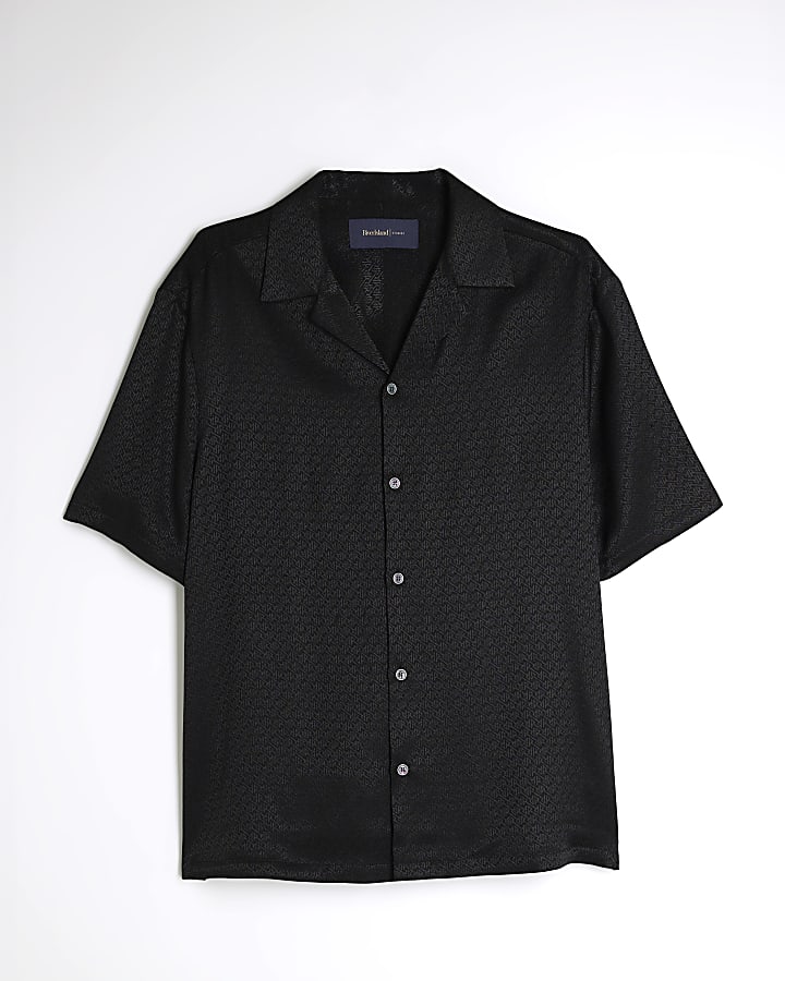 Black Satin Monogram Short Sleeve Shirt