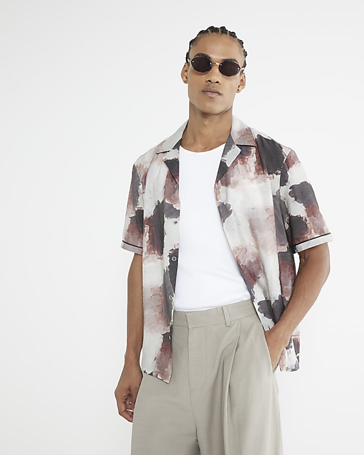 Brown Short Sleeve Abstract Print Shirt