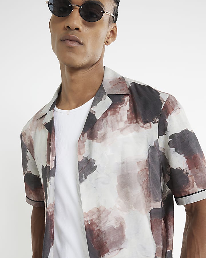 Brown Short Sleeve Abstract Print Shirt