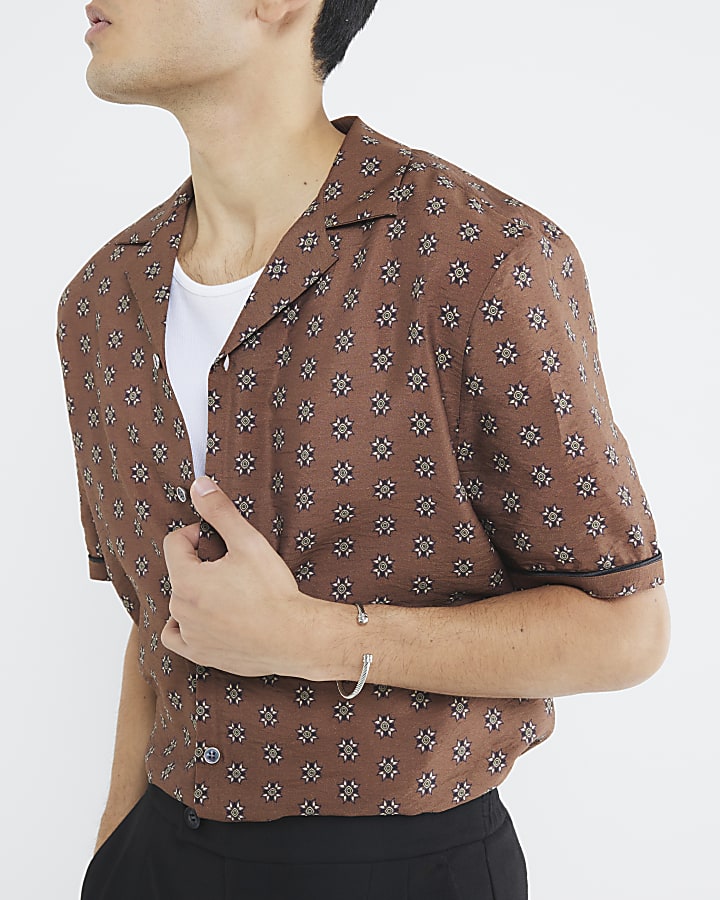 Brown Short Sleeve Geometric Shirt