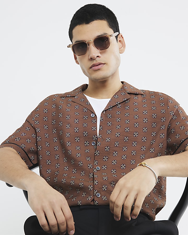 Brown Short Sleeve Geometric Shirt