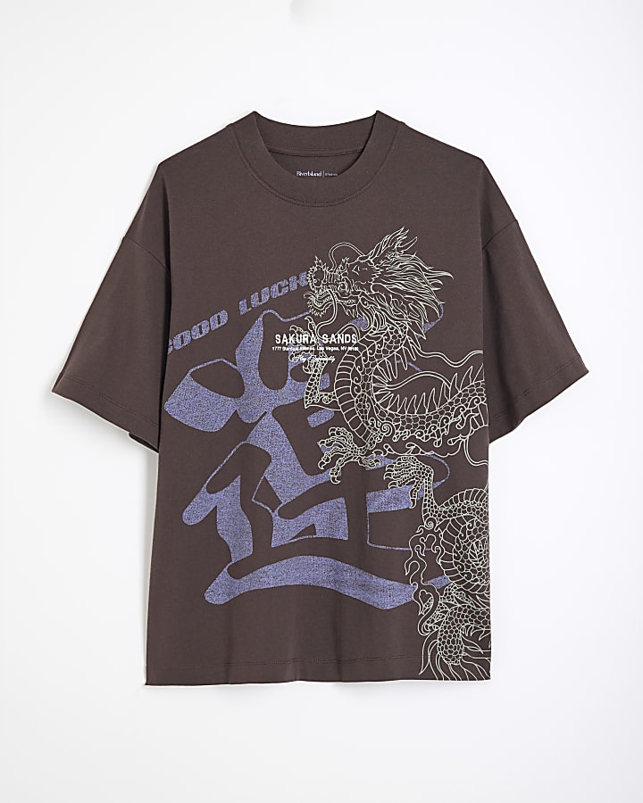 Brown Short Sleeve Cropped Dragon T-shirt