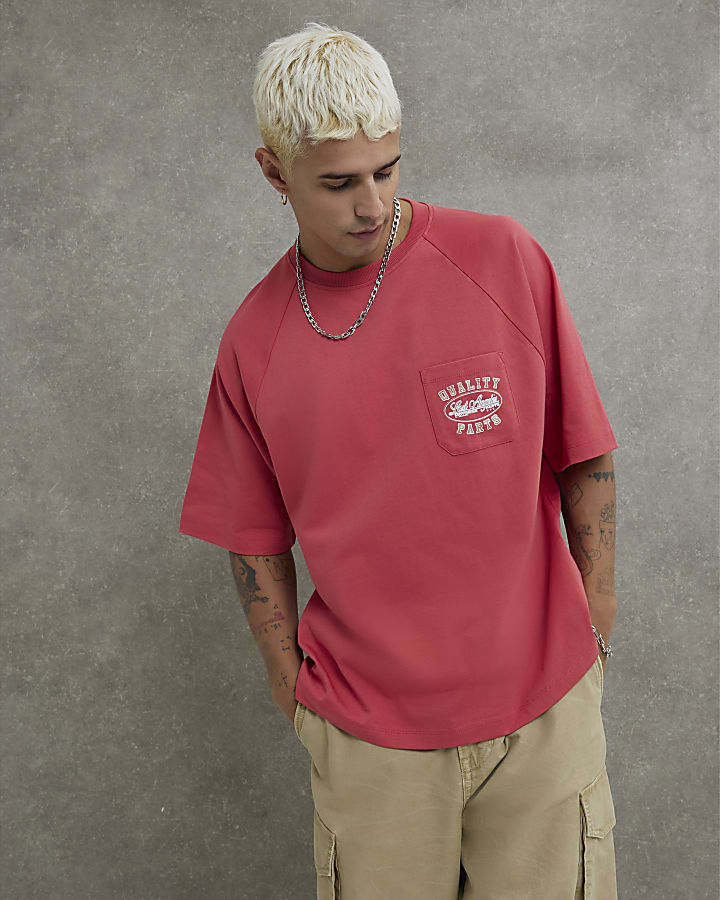 Red Boxy Fit Washed Pocket T-shirt