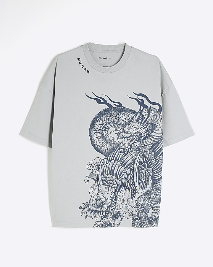 Grey Beast Dragon Embroidered T-Shirt