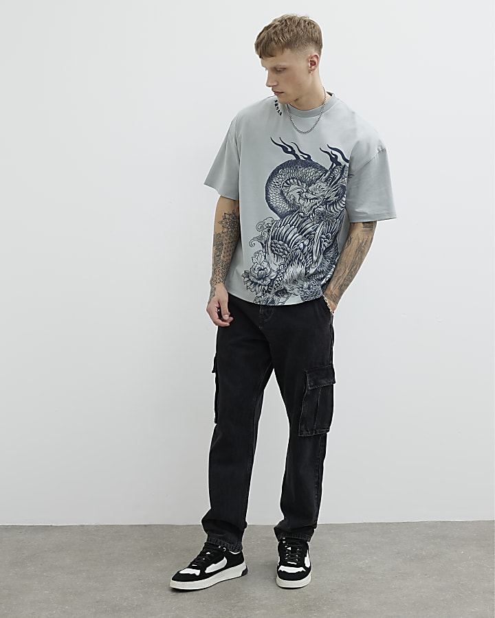 Grey Beast Dragon Embroidered T-Shirt