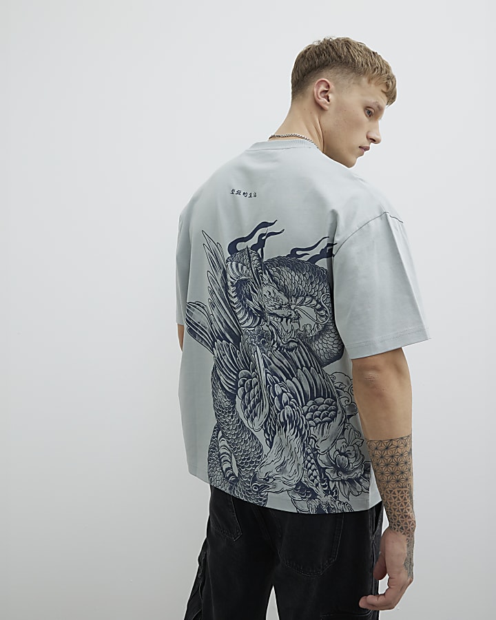 Grey Beast Dragon Embroidered T-Shirt