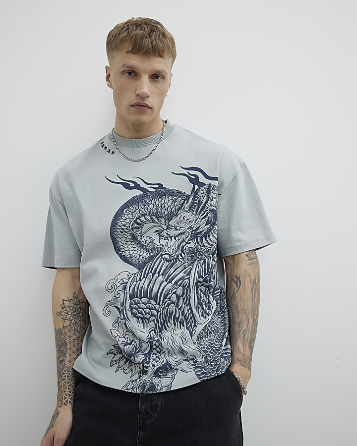 Grey Beast Dragon Embroidered T-Shirt