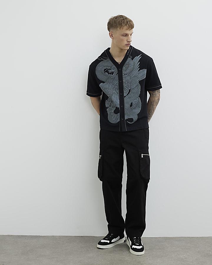 Black Regular Fit Dragon Baseball Shirt