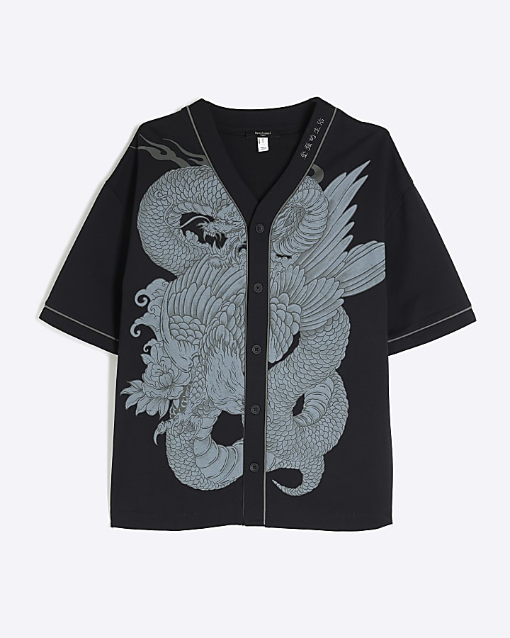 Black Regular Fit Dragon Baseball Shirt