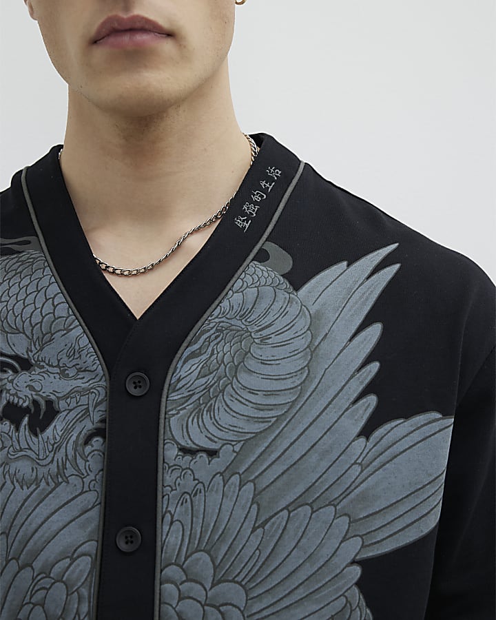 Black Regular Fit Dragon Baseball Shirt