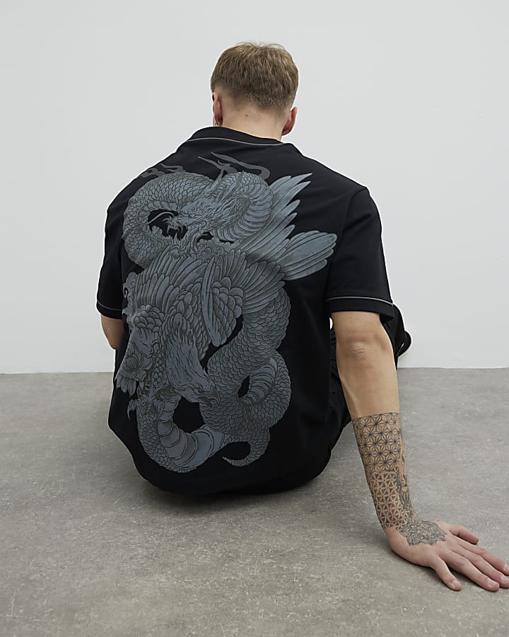 Black Regular Fit Dragon Baseball Shirt