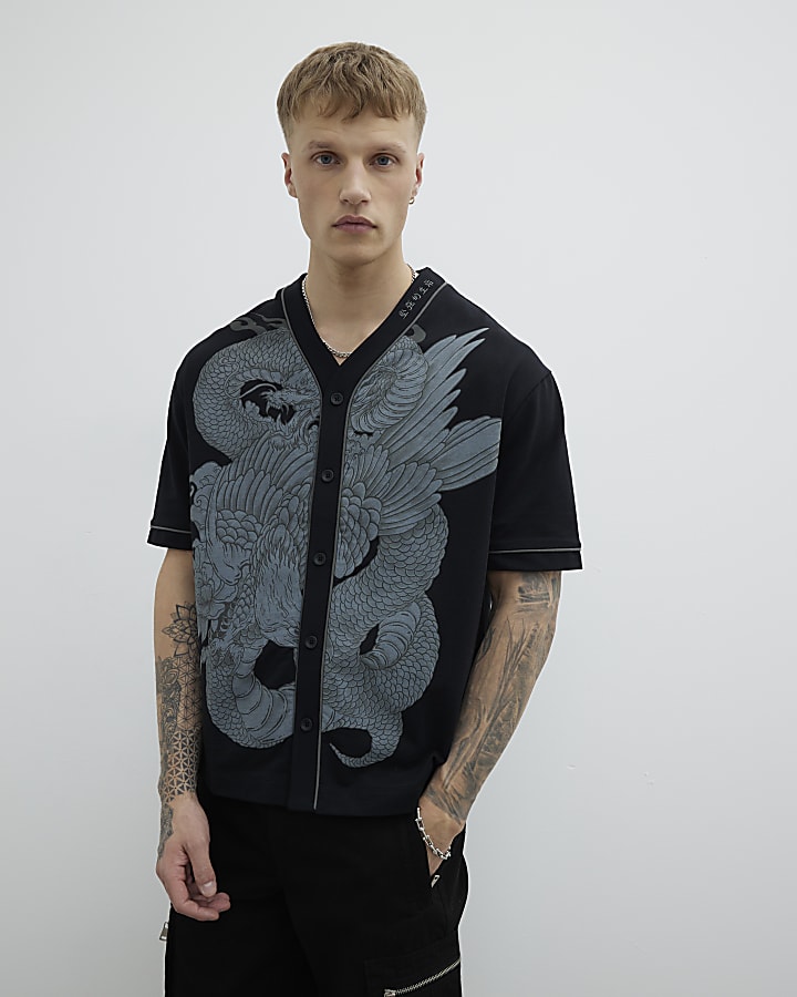 Black Regular Fit Dragon Baseball Shirt