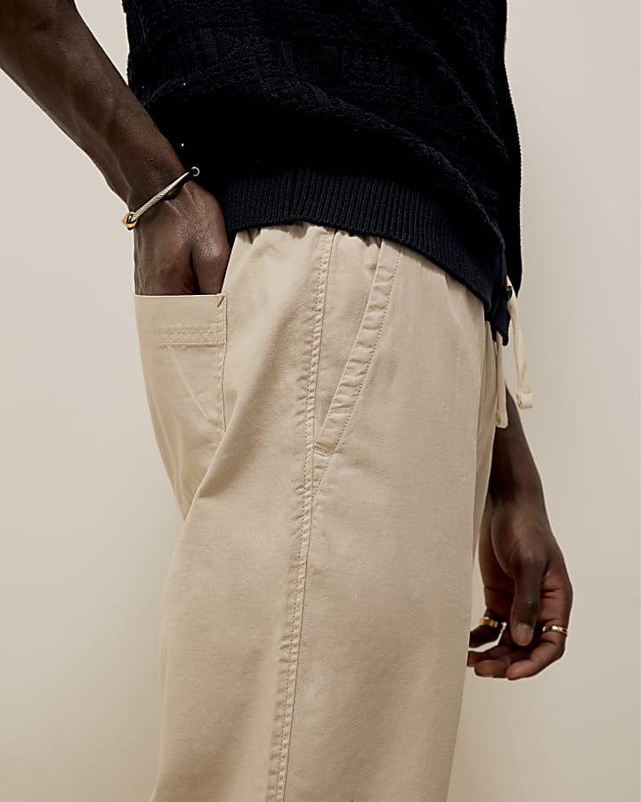 Beige Straight Fit Pull On Trousers