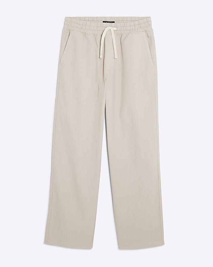 Beige Straight Fit Pull On Trousers