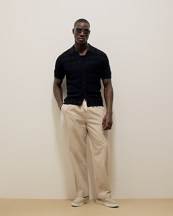Beige Straight Fit Pull On Trousers