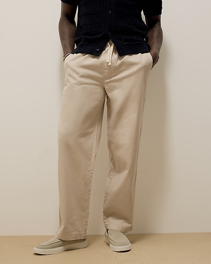 Beige Straight Fit Pull On Trousers