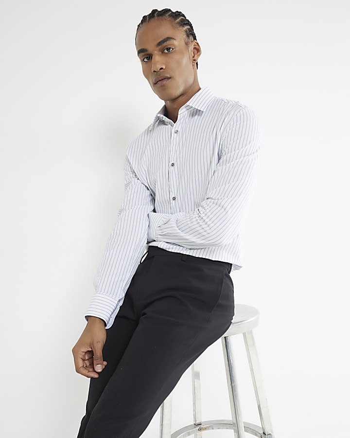 White Long Sleeve Pinstripe Formal Shirt