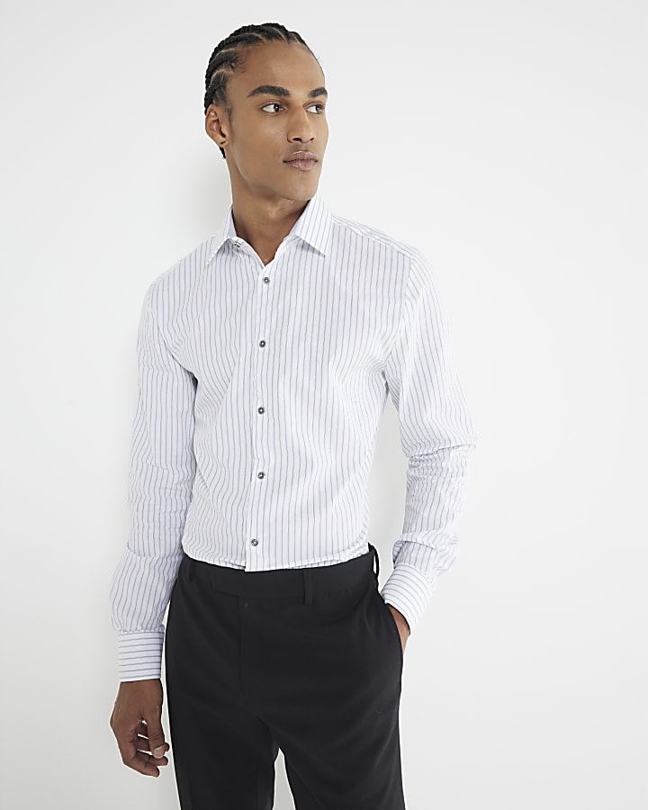 White Long Sleeve Pinstripe Formal Shirt