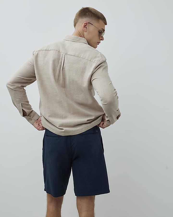 Navy Regular Fit Textured Drawstring Shorts