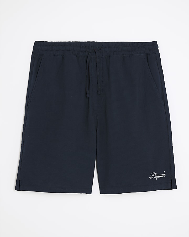 Navy Regular Fit Textured Drawstring Shorts