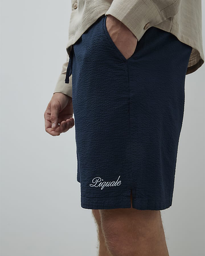 Navy Regular Fit Textured Drawstring Shorts