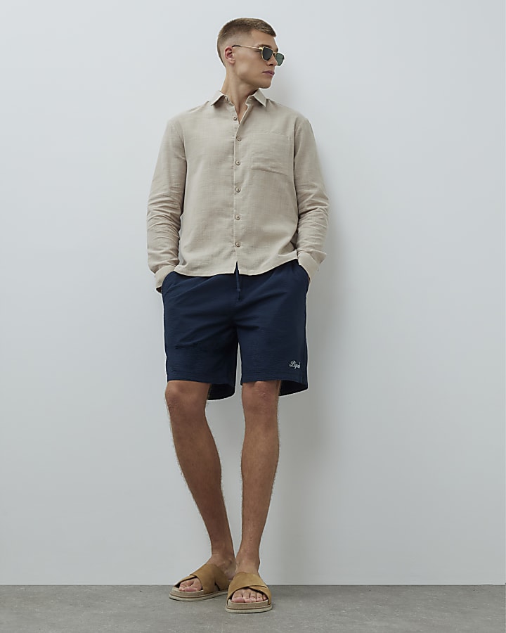 Navy Regular Fit Textured Drawstring Shorts