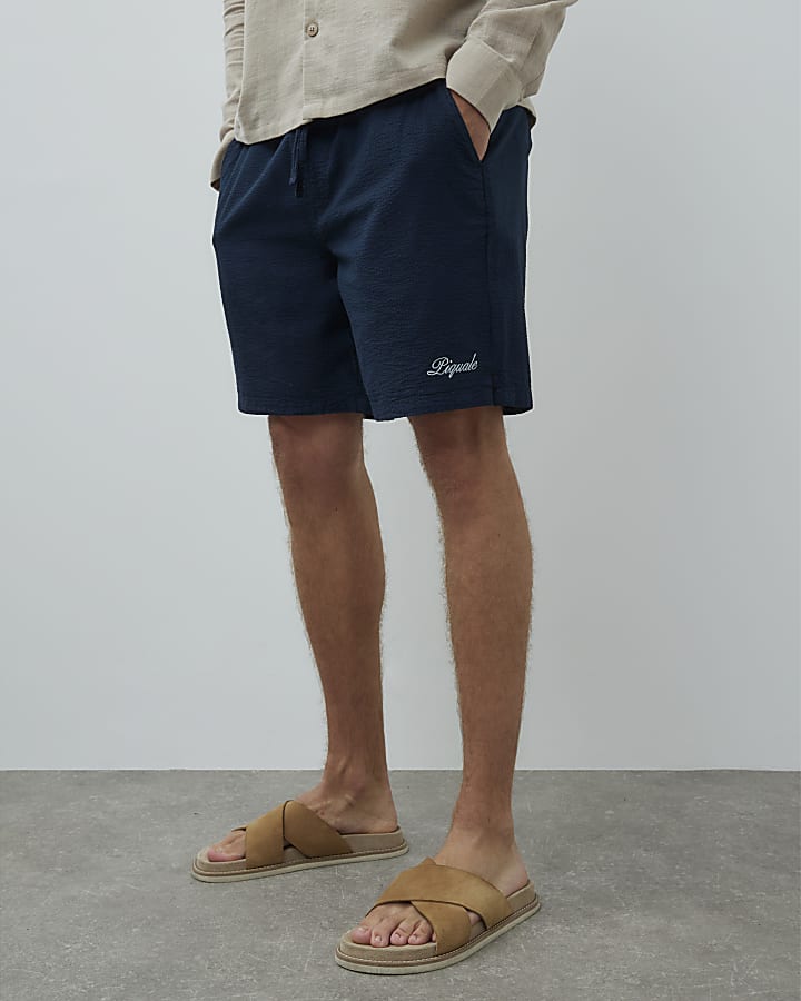 Navy Regular Fit Textured Drawstring Shorts