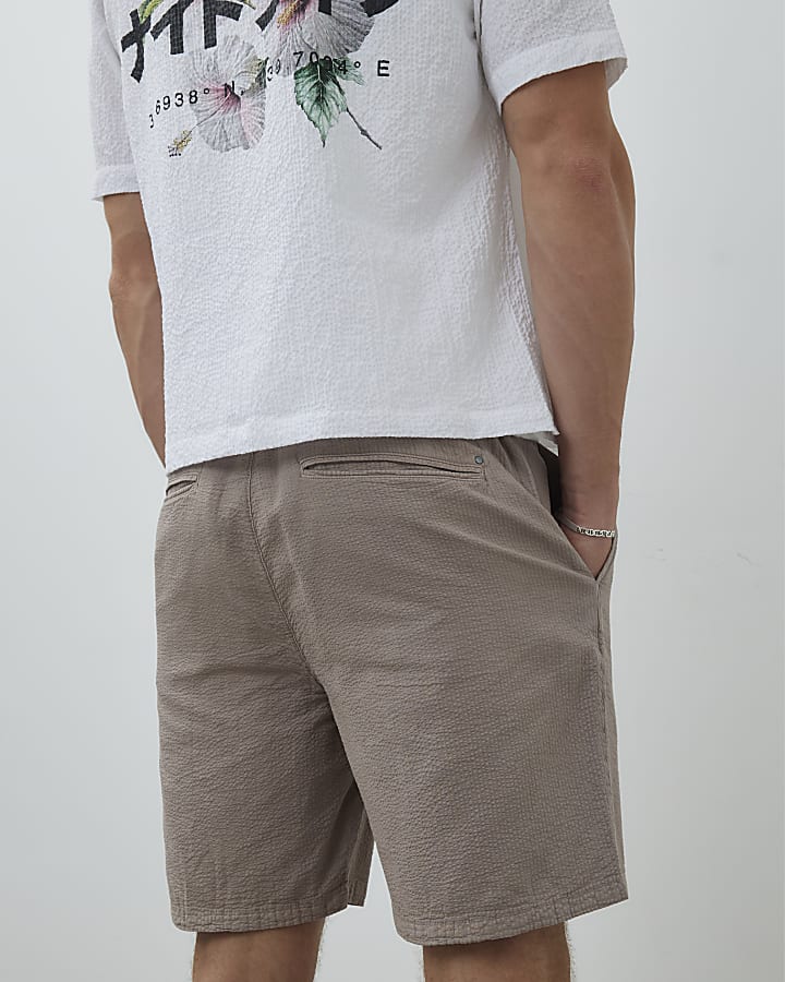 Brown Regular Fit Textured Drawstring Shorts