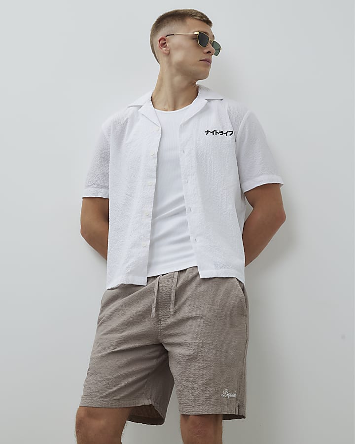 Brown Regular Fit Textured Drawstring Shorts