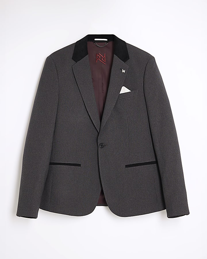 Grey Skinny Fit Check Suit Jacket