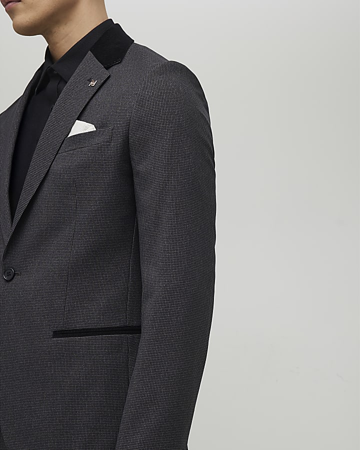 Grey Skinny Fit Check Suit Jacket