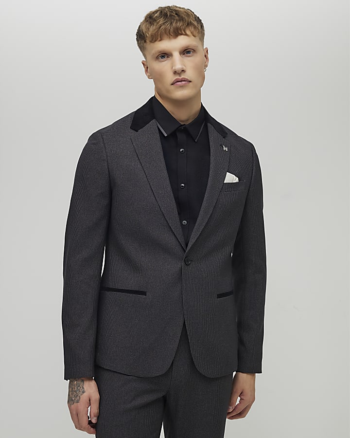 Grey Skinny Fit Check Suit Jacket