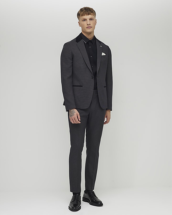 Grey Skinny Fit Check Suit Jacket
