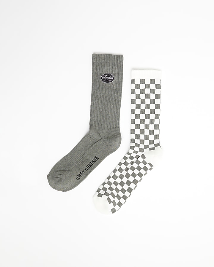 Khaki Pack of 2 Chequered Tube Socks