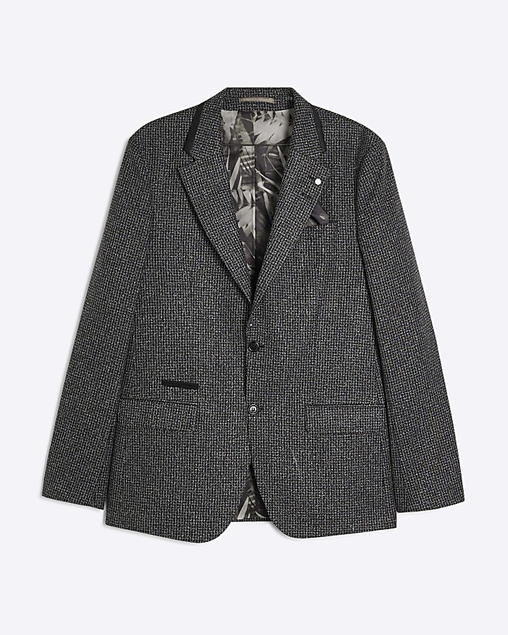 Grey Tailored Fit Textured Check Suit Jacket