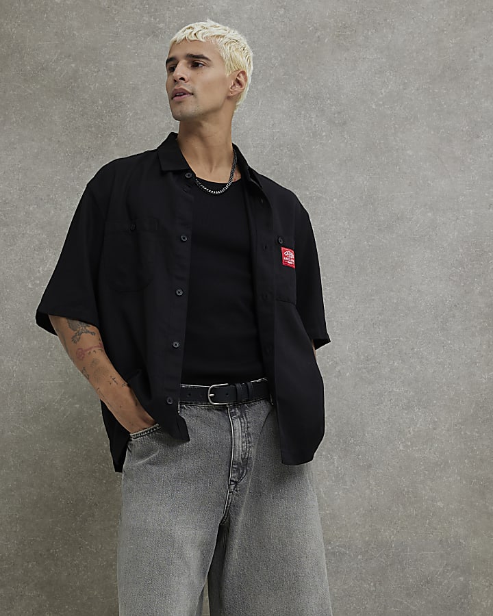 Black Regular Fit Calico Embroidered Shirt