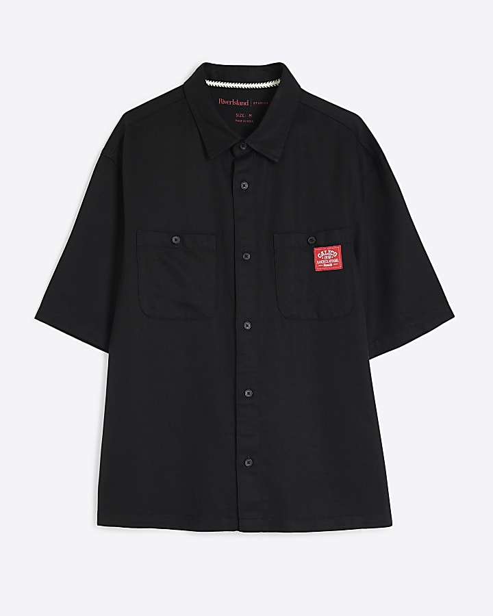 Black Regular Fit Calico Embroidered Shirt