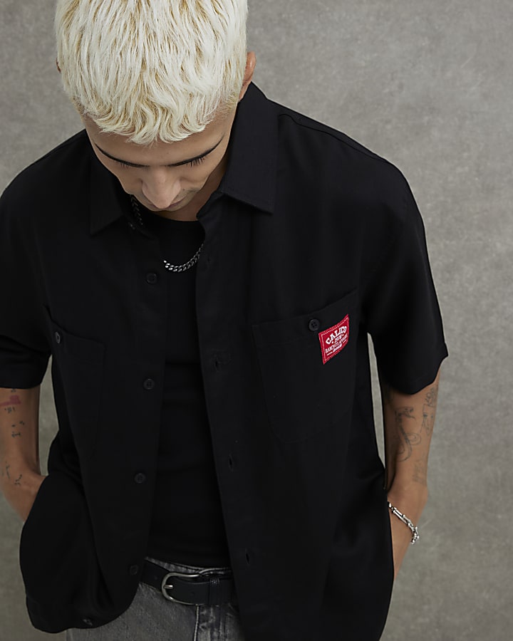 Black Regular Fit Calico Embroidered Shirt