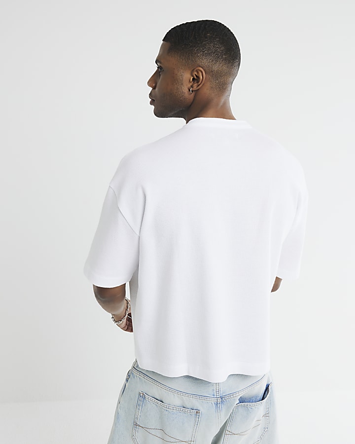 White Short Sleeve Waffle Henley Neck T-Shirt