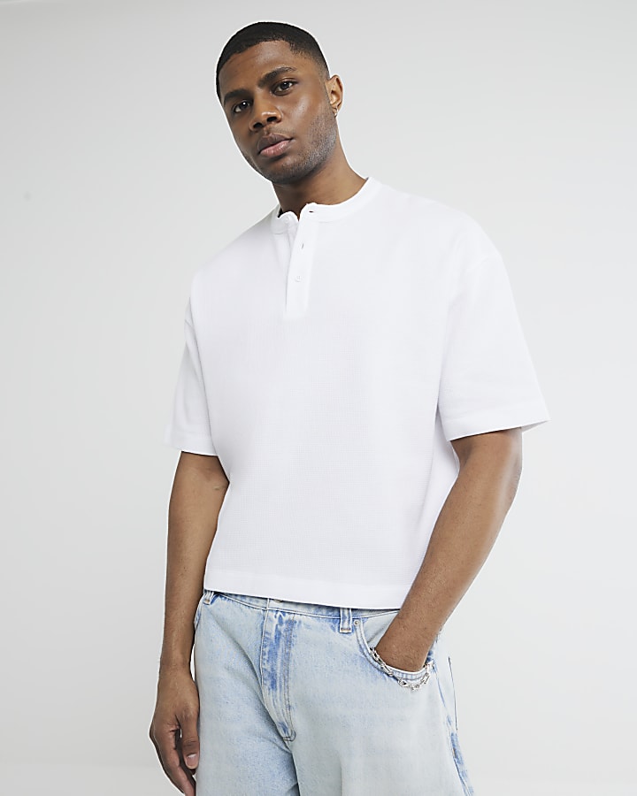 White Short Sleeve Waffle Henley Neck T-Shirt