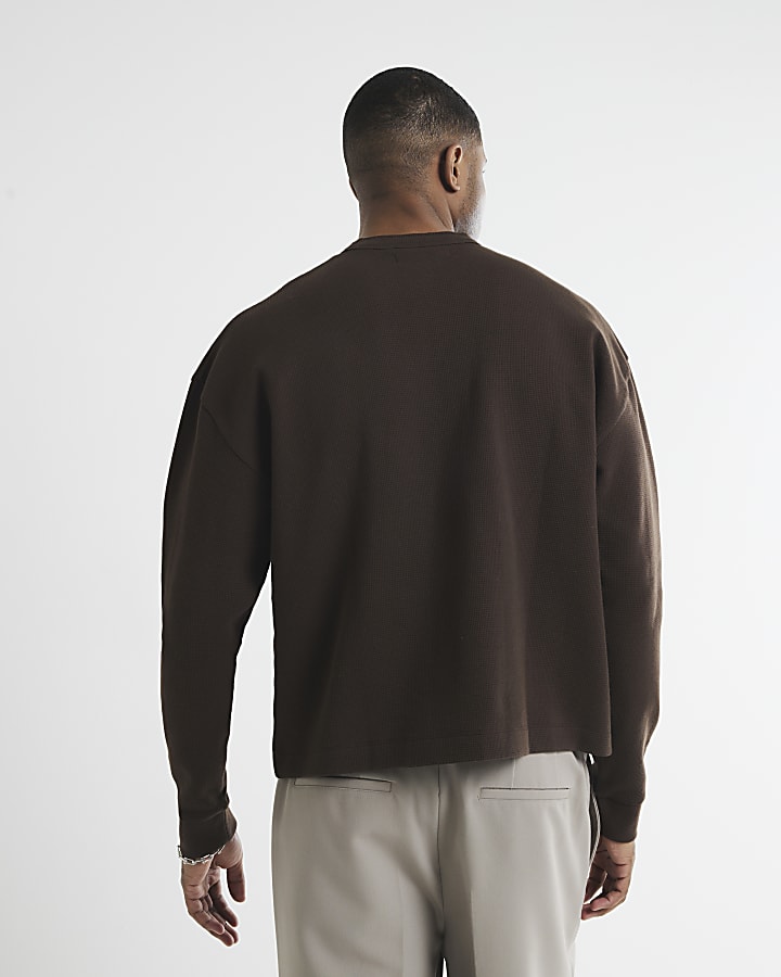 Brown Regular Fit Waffle Henley Neck T-Shirt