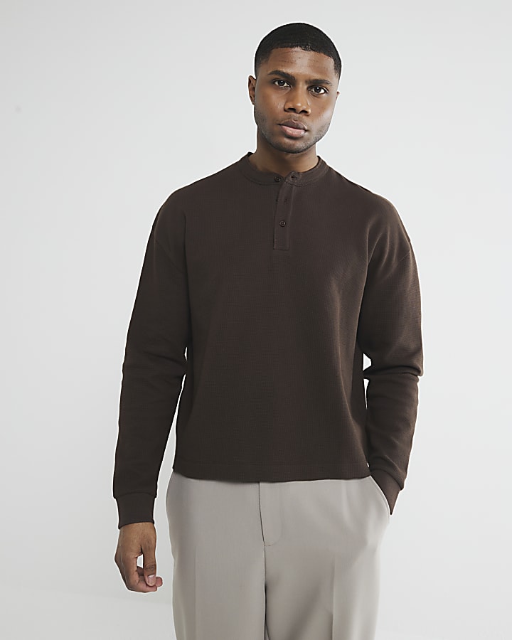 Brown Waffle Henley Neck T-Shirt