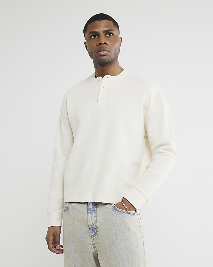 Beige Regular Fit Waffle Henley Neck T-Shirt