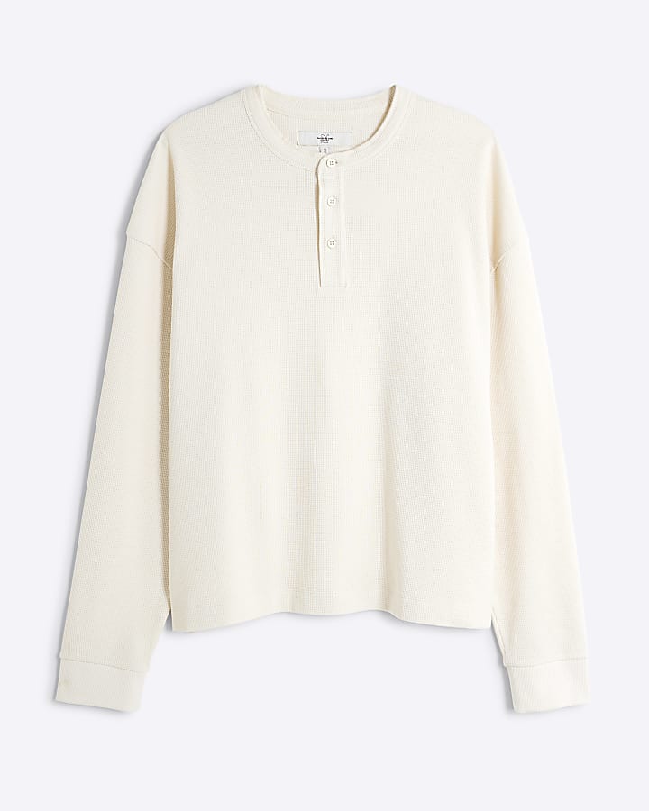 Beige Regular Fit Waffle Henley Neck T-Shirt