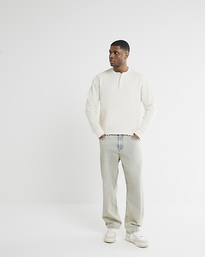 Beige Regular Fit Waffle Henley Neck T-Shirt