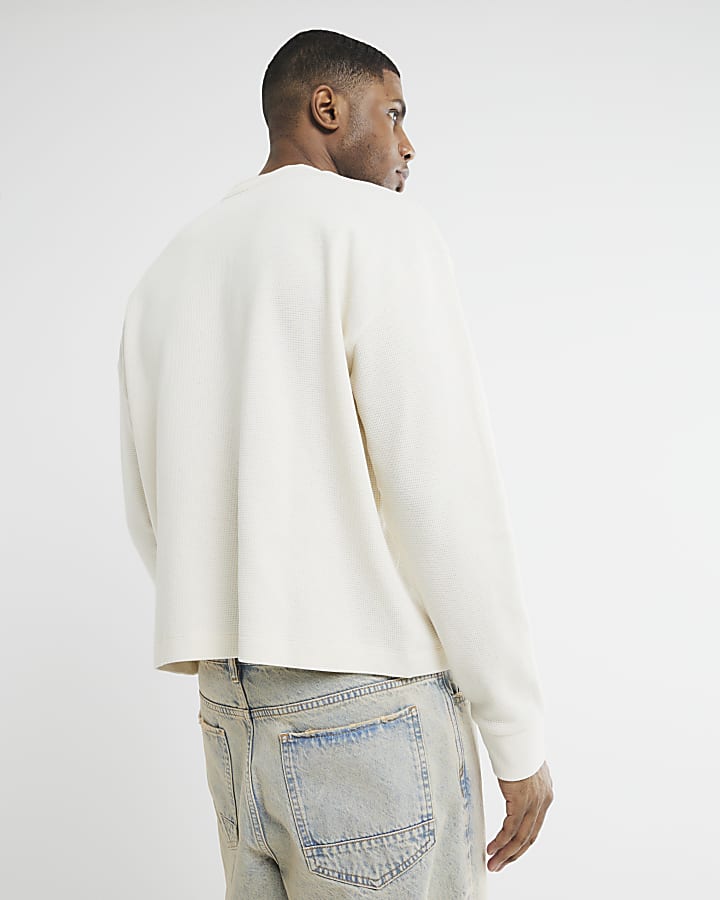 Beige Regular Fit Waffle Henley Neck T-Shirt